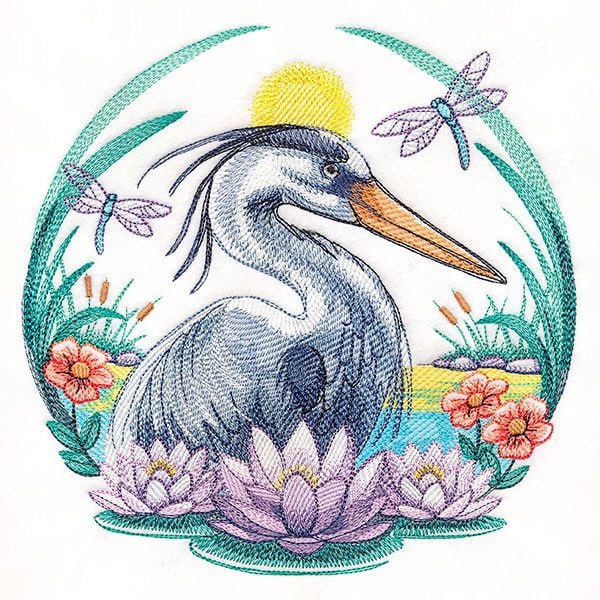 On the Pond at Sunset Blue Heron Wreath _ Machine Embroidery Design