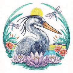 On the Pond at Sunset Blue Heron Wreath _ Machine Embroidery Design